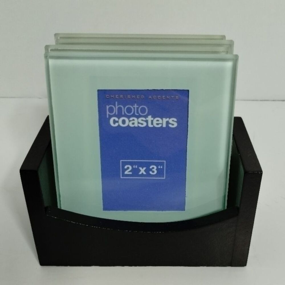 Set of 4  2x3 Glass Photo Coasters and Wooden Holder  From Cherished Accents New